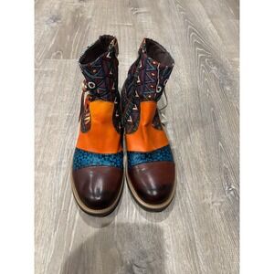 Bohemian Ankle Boots, Leather Accent, Colorful Fabric, Lace-Up,‎ Side Zip Sz 40